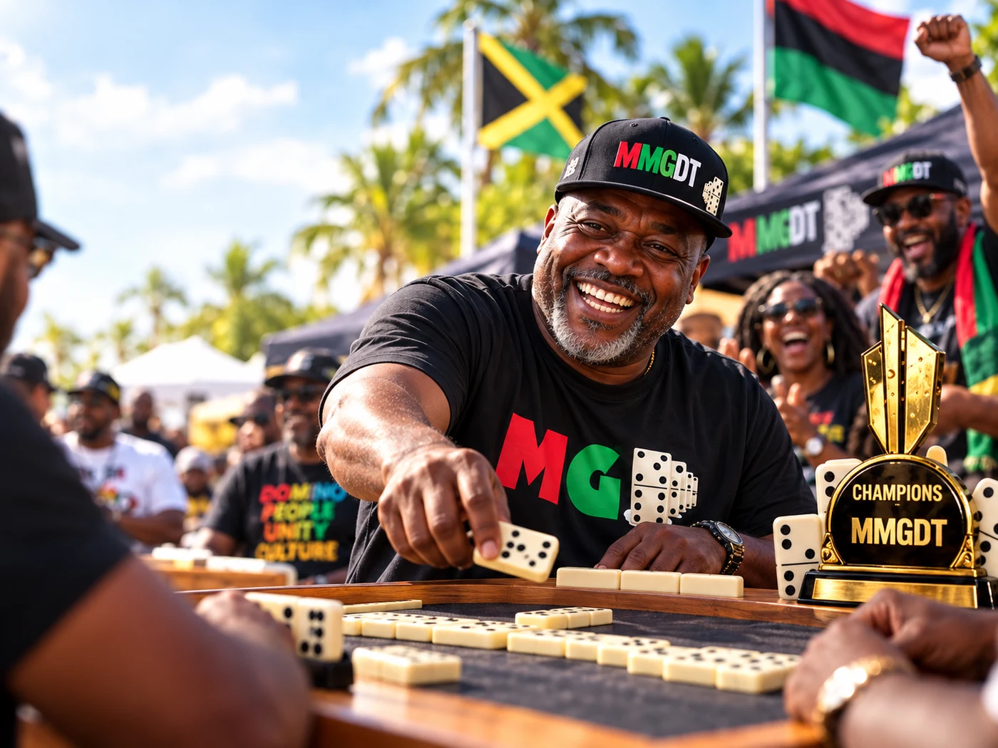 MMGDT champion celebrating over a real domino table